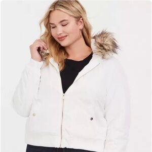 Torrid White Puffer Jacket with Faux Fur Hood